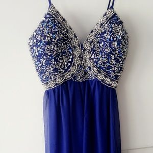 Dark blue beaded long prom dress